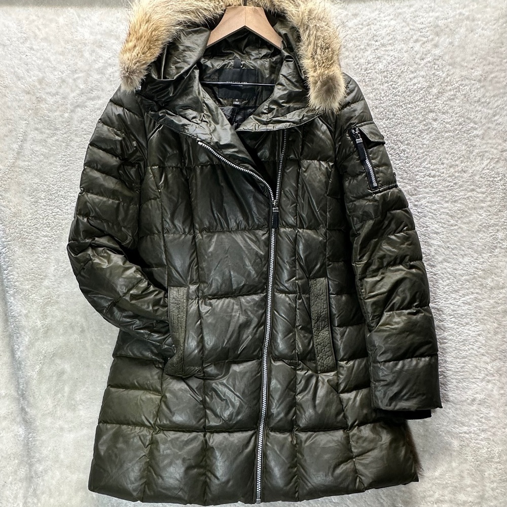 Marc New York Women's Green Down Puffer Jacket with Fur-Lined Hood